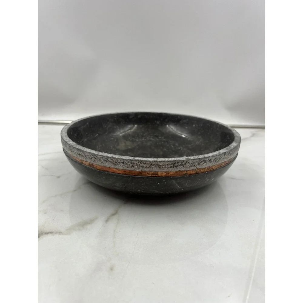 Tahari Home Marble Decorative Bowl Black Stone Copper Inlay Centerpiece 10in